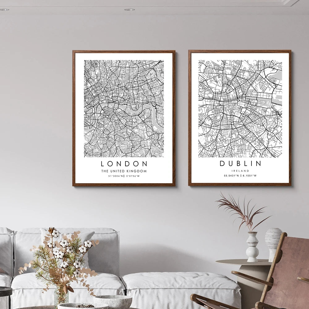 Paris Rome Dublin Dubai Milan Black White City Map Wall Art Poster Prints Modern Home Decor Canvas Painting Room Mural Pictures