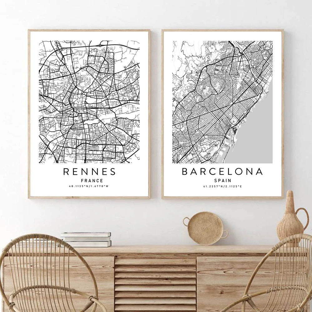 Paris Rome Dublin Dubai Milan Black White City Map Wall Art Poster Prints Modern Home Decor Canvas Painting Room Mural Pictures