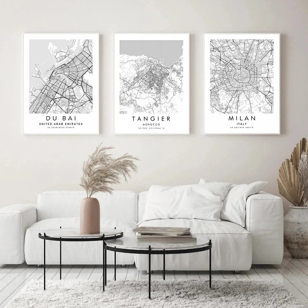 Paris Rome Dublin Dubai Milan Black White City Map Wall Art Poster Prints Modern Home Decor Canvas Painting Room Mural Pictures