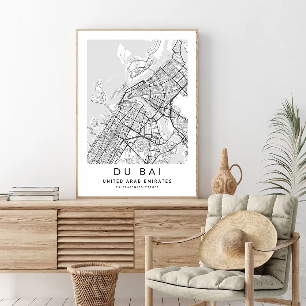 Paris Rome Dublin Dubai Milan Black White City Map Wall Art Poster Prints Modern Home Decor Canvas Painting Room Mural Pictures