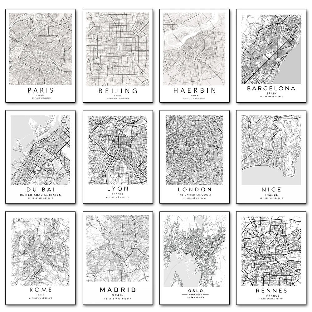 Paris Rome Dublin Dubai Milan Black White City Map Wall Art Poster Prints Modern Home Decor Canvas Painting Room Mural Pictures