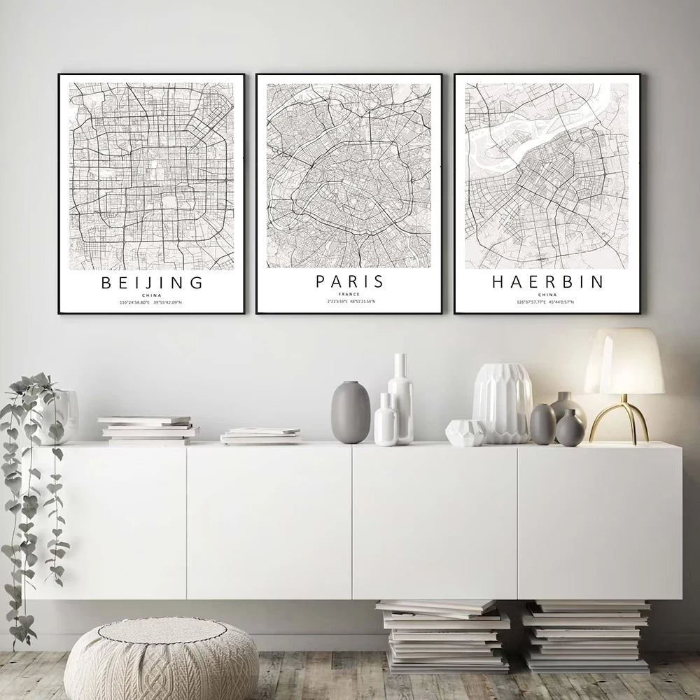 Paris Rome Dublin Dubai Milan Black White City Map Wall Art Poster Prints Modern Home Decor Canvas Painting Room Mural Pictures